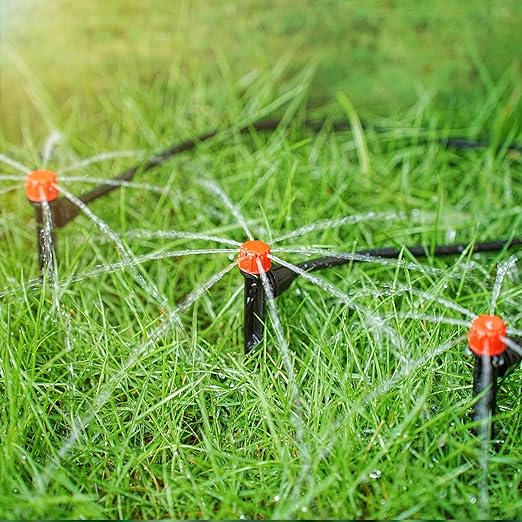 50pcs Drip Emitters for 1/4" Irrigation Tubing, Easy Connect Adjustable 360 Degree Water Flow Irrigation Sprayer On 5" Stake for 4/7mm Tube Locked Irrigation Drippers for Garden Flower Plant