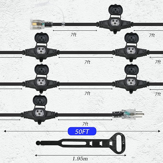 50FT 14 Gauge Heavy Duty Multi-Outlet Extension Cord, 7 Evenly Spaced Weatherproof Outlets, Great for Stage Backdrops, Landscape Garden Lighting, Christmas Halloween Decorations ETL