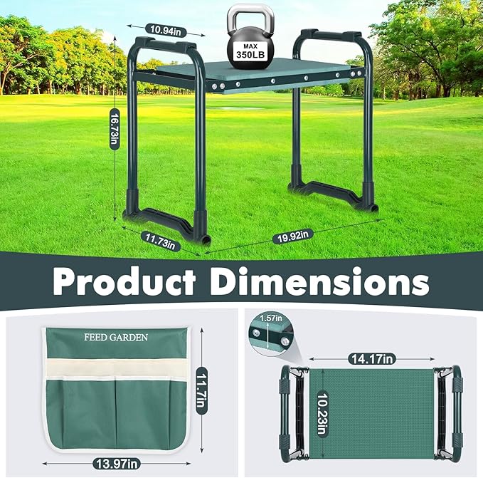 FEED GARDEN Garden Kneeler and Seat, Garden Stool with 10" Wide Soft Kneeling Pad, Heavy Duty Gardening Bench Chair with 2 Tool Pouches, Gardening Gifts for Women Seniors Women Mom Men, Green