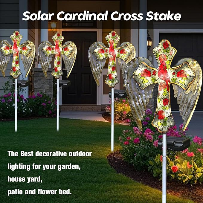 Solar Cross Garden Lights, Solar Cardinal Stake Lights Cemetery Decorations for Grave, Jesus Cross Sympathy Memorial Gifts for Mother Grandma, Glass Garden Art for Yard Lawn Patio Decor