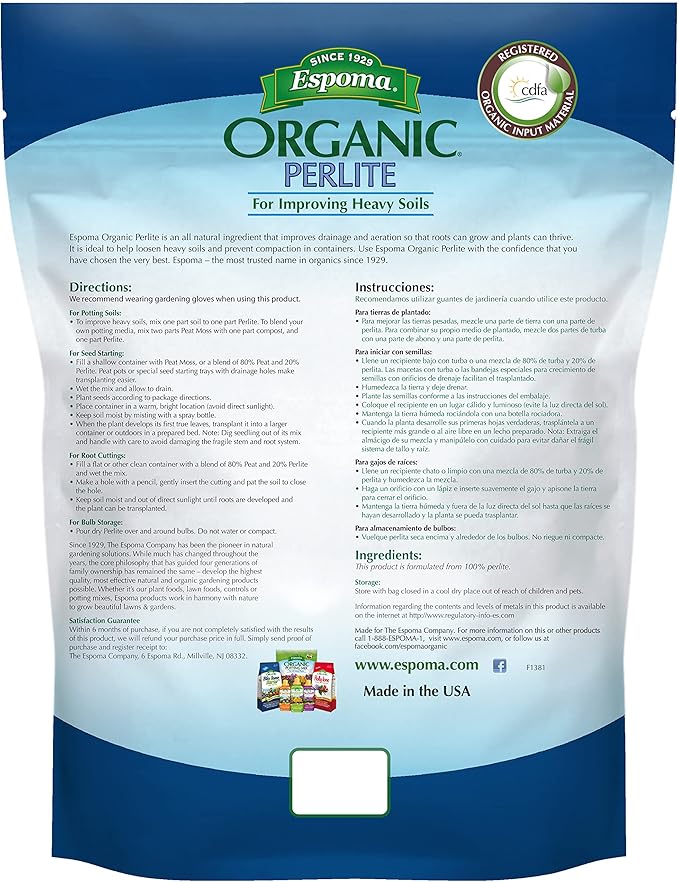 Espoma Organic Perlite; All Natural and Approved for Organic Gardening. Helps Loosen and Aerate Heavy Soils, Prevent Compaction & Promotes Root Growth – Pack of 2