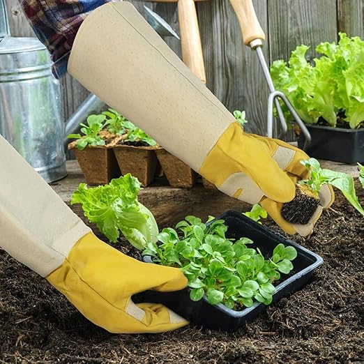 HLDD HANDLANDY Gardening Gloves Long Sleeve for Women Leather Garden Gloves Gardening Gifts for Gardener, Golden Yellow, L