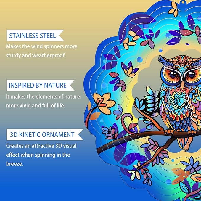 Owl Metal Wind Spinners Owl Gifts for Mom Women Grandma,12inch Hanging Wind Spinner for Outdoor&Indoor Decor Wind Kinetic Christmas Mother Ornament Gifts for Yard Garden Decoration