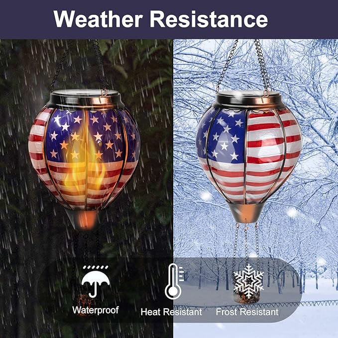 pearlstar Hot Air Balloon Solar Lantern with Flickering Flame Light Outdoor 4th of July Decorations Solar Hanging Lights Waterproof for Garden Yard Patio Outside Independence Day Decoration, Flag