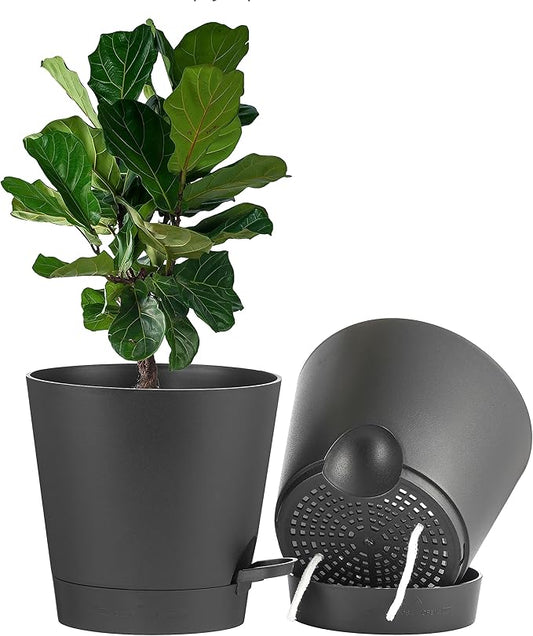 FaithLand 2-Pack 9 Inch Planter Pots for Indoor Outdoor Plants, Self Watering Flower Pots with Deep Reservoir, Black …