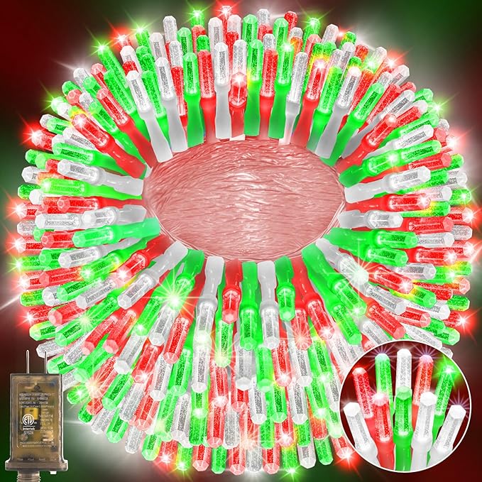 Heceltt 1600 LED 630 FT String Lights Outdoor, 8 Modes Christmas Lights Plug in, IP44 Waterproof Led String Lights with Timer and Memory for Home Party Tree Decorations (Red Green and White)