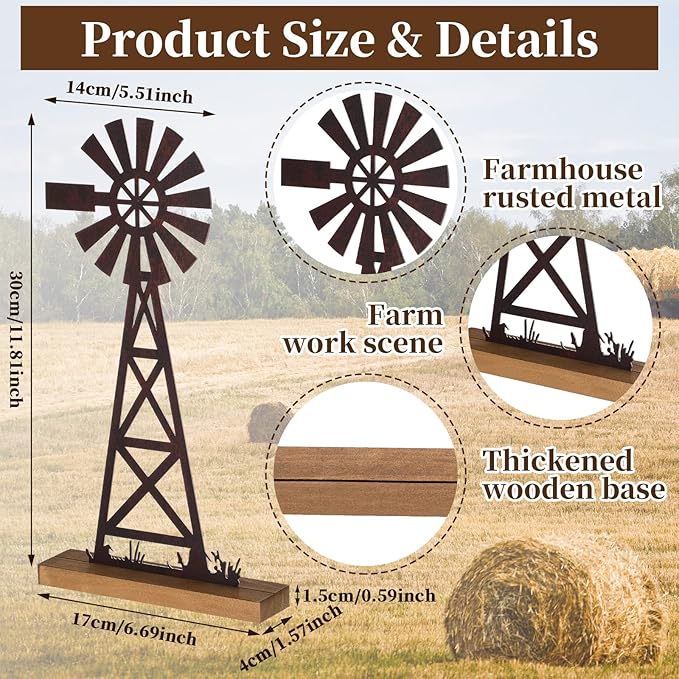 Tandefio Farmhouse Windmill Table Top Decor 11.8 Inch Metal Rusted Vintage Desk and Shelf, Decorative Farmhouse Kitchen Rustic Windmill Decor Rustic Home Decorations