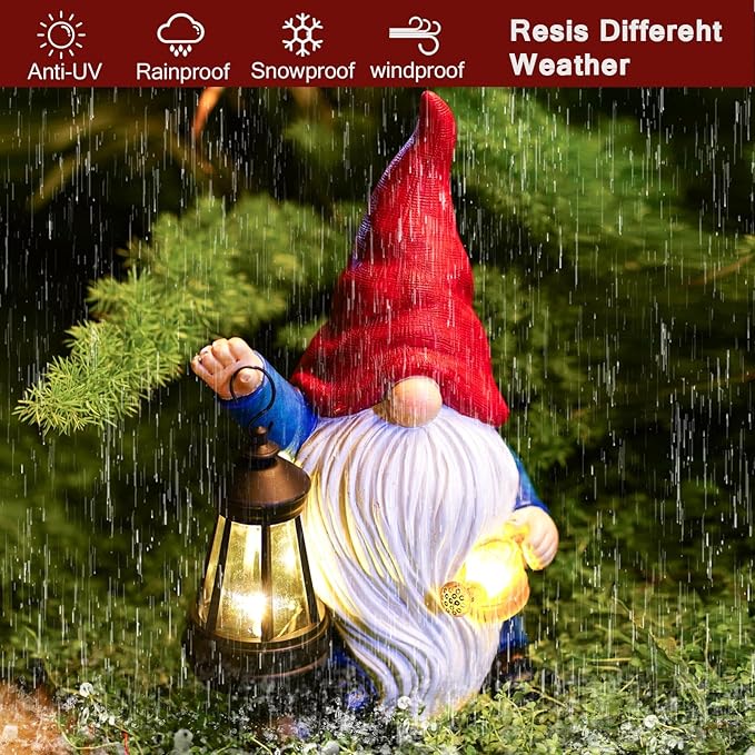 Solar Garden Gnome Christmas Gnome Outdoor Statues Garden Decor Resin Birthday Gifts for Women Mom Art for Yard Porch Patio Lawn Yard with Watering Can Lights Lantern