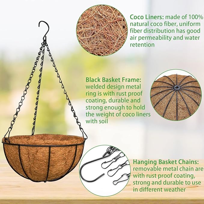 ZeeDix 6 Pack 10 Inch Metal Round Hanging Planter Basket with Coconut Liners Replacement, Hanging planters Baskets with Natural Coco Liner for Outdoor Indoor Planters Flowers Vegetables
