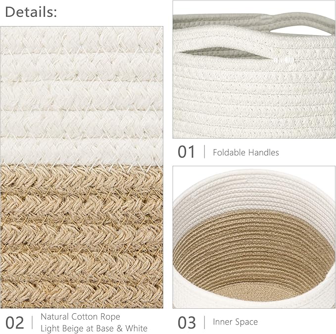 Dahey Small Cotton Rope Plant Basket Woven Plant Coiled Basket for Up to 7" Planter, Decorative Flower Pot Cover Closet Storage Bin Table Desk Organizer for Home Decor, White and Beige