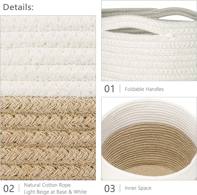 Dahey Jute Spliced Cotton Rope Plant Basket Modern Woven Storage Basket for 10" Floor Indoor Planter, Decorative Flower Pots Cover Laundry Bin with Handle Rustic Home Decor, White and Beige