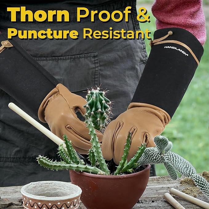 HANDLANDY Long Gardening Gloves for Men & Women, Cowhide Leather Rose Pruning Gloves, Breathable Thorn Proof Gauntlet Gloves (Brown-Cowhide, L)