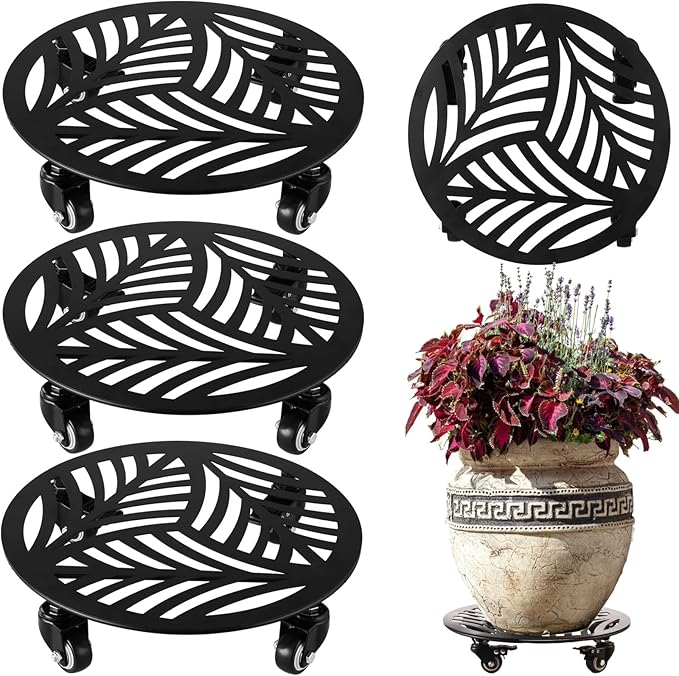 3 Packs Large Metal Plant Caddy with Wheels 13” Heavy-duty Wrought Iron Rolling Plant Stands with Casters Indoor Outdoor Planter Roller Base Plant Movers Black, Strong Load Capacity