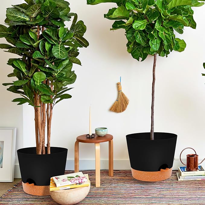 GARDIFE 12 inch Plant Pots, planters,Self Watering Pots, 2 Pack Large Plastic Flower pots with Deep Reservior and High Drainage Holes for Indoor Outdoor Plants and Flowers, Black