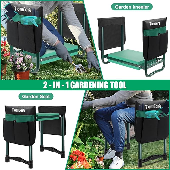 TomCare Garden Kneeler and Seat 10.64” Wider Larger Soft Kneeling Pad Garden Bench with 2 Large Tool Pouches Heavy Duty Garden Stool Foldable Garden Tools Gardening Gifts for Women Men Gardeners