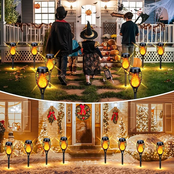 Solar Lights Outdoor, Upgraded 10 Pack Solar Torch Lights Outdoor Flickering Flame for Garden Decor, Waterproof Outdoor Lights Solar Powered, Tiki Torches for Outside Yard Patio Pathway Decor