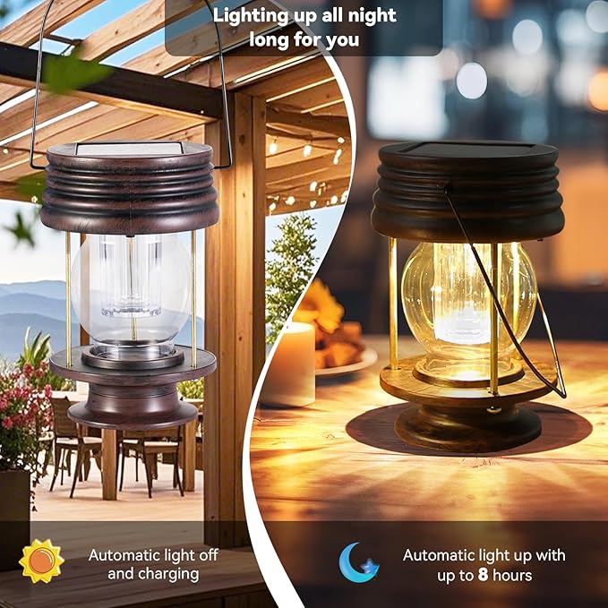 Solar Lanterns Outdoor - 2 Pack Hanging Solar Lights for Outside, Waterproof Outdoor Garden Lanterns Lamp Vintage Design for Landscape Yard Pathway Beach Pavilion Table Decoration (Warm Lights)