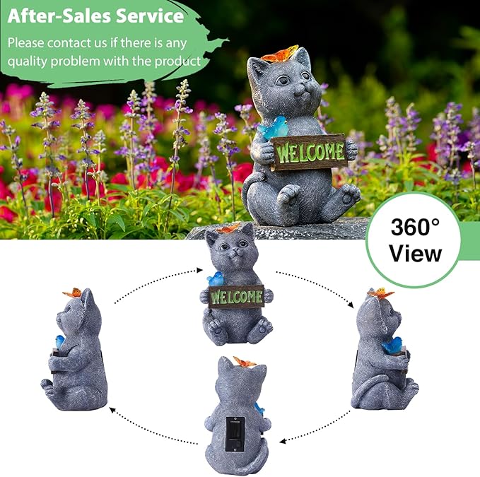 Goodeco Solar Cat with Welcome Sign - Outdoor Cat Statue with Solar Butterfly & Bird Lights - Perfect Cat Decor for Cat Lovers, Ideal Housewarming Gifts for Women & Moms (Gray)