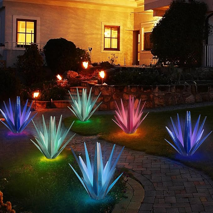 Large Tequila Rustic Sculpture, Rustic Metal Agave Plants for Outdoor Patio Yard, Home Decor Hand Painted Metal Agave Garden Yard Statue, Outdoor Lawn Ornaments (Rose Red - L (W/Solar Light))