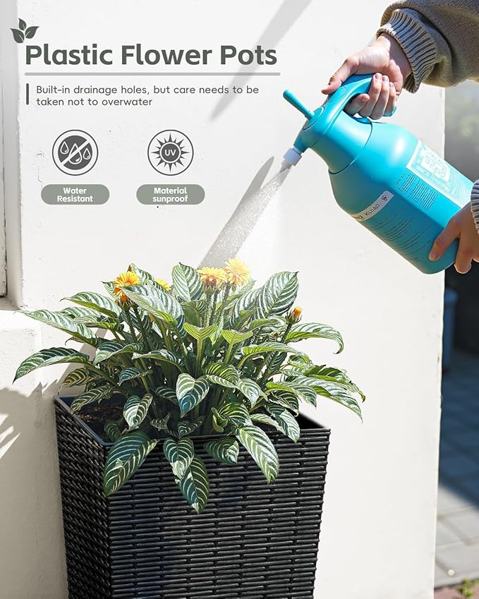 Greesum Large Tall Planter for Outdoors Plants, Set of 2, 32" Tall Plastic Flower Pots, Tapered Porch Planter with Drainage Holes for Patio, Backyard, Black