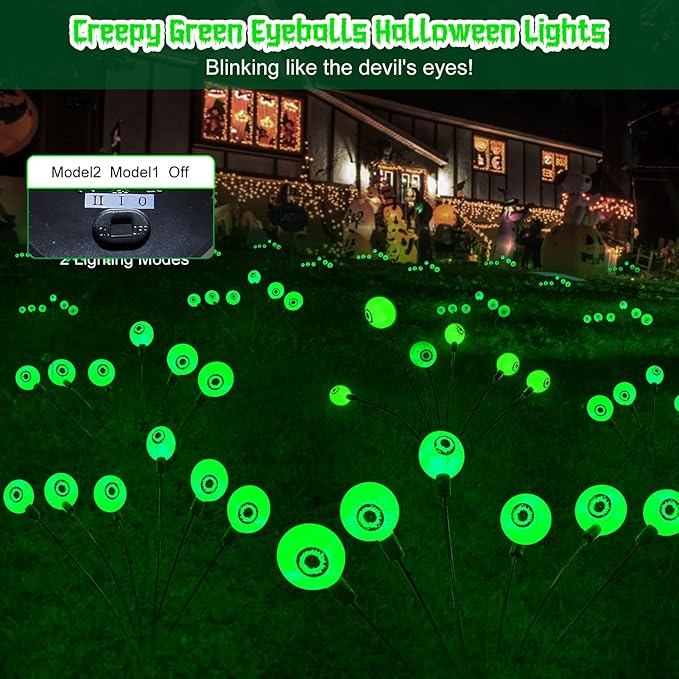 Halloween Decorations Outdoor, 3 Pack 18 LED Scary Solar Eyeball Lights, Green Solar Firefly Lights Outdoor Waterproof, Swaying Solar Halloween Lights for Yard/Garden/Pathway/Lawn/Party Decor