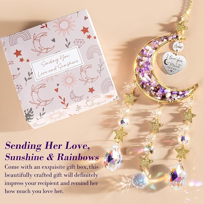 Aunt Gifts from Niece Nephew, Aunt for Auntie Gifts, Best Aunt Ever Gift Aunt Birthday Gifts for Auntie, Unique Auntie Gifts for Women Moon Crystal Suncatcher for Windows Hanging