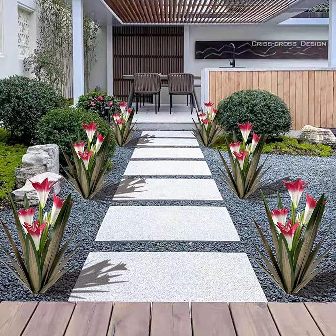 Homight Metal Agave Plant Outdoor Decoration Outdoor Garden Decoration Lily Mexican Yard Art Plant Garden Agave Lily Decorative Garden Gift… (2 Big Red Lilies)