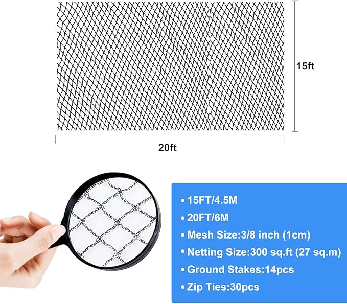 Pond Netting, 15 x 20 FT Pond Net Heavy Duty Pond Netting for Koi Ponds, Garden Pool Fine Mesh Netting Kit for Leaves, Protects Koi Fish from Birds Cats Predators, with 14 Stakes and 30 Cable Zip Ties