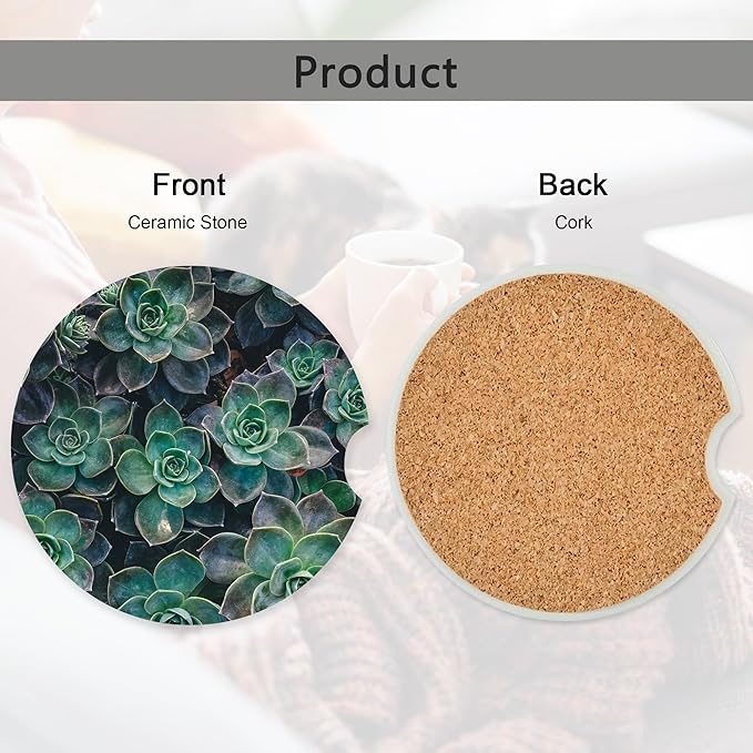 Succulent Floral Plant Flower Car Coasters,Ceramic Absorbent Cup Holders with Finger Notch & Cork Base Car Assecories for Women/Men 2.6"(2 Pieces)