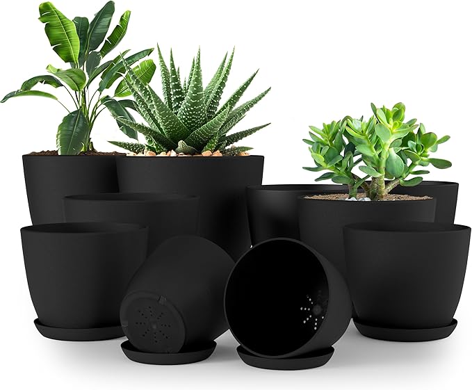 Utopia Home - Plant Pots Indoor with Drainage - 7/6.6/6/5.3/4.8 Inches Home Decor Flower Pots for Indoor Planter - Pack of 10 Plastic Planters for Indoor Plants, Cactus, Succulents Pot - Black