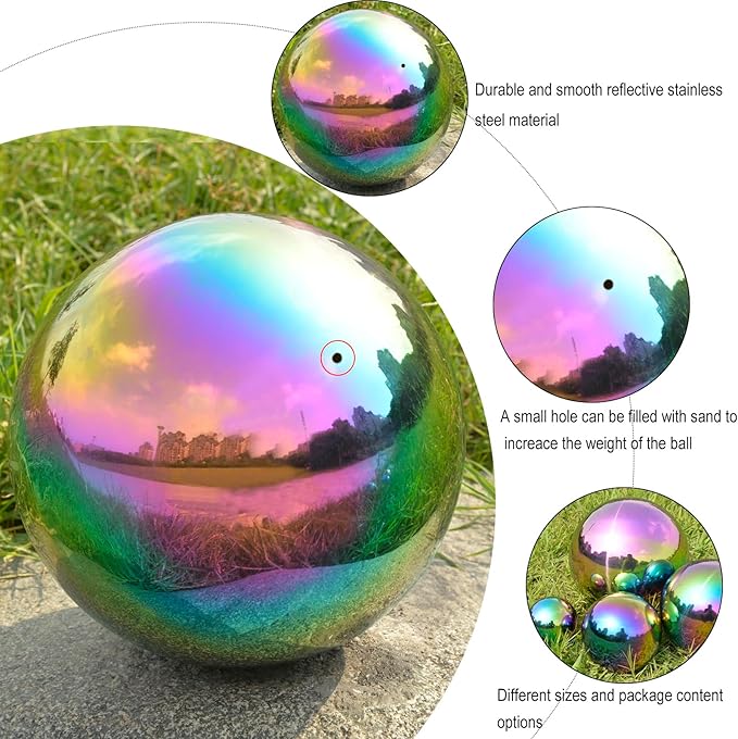 Nerien Gazing Ball, Stainless Steel Garden Mirror Globe, Polished Ornament Sphere, Hollow Floating Reflective Hemisphere, for Home Outdoor Pond Housewarming Swimming Pool Decoration, Rainbow, 10Pcs