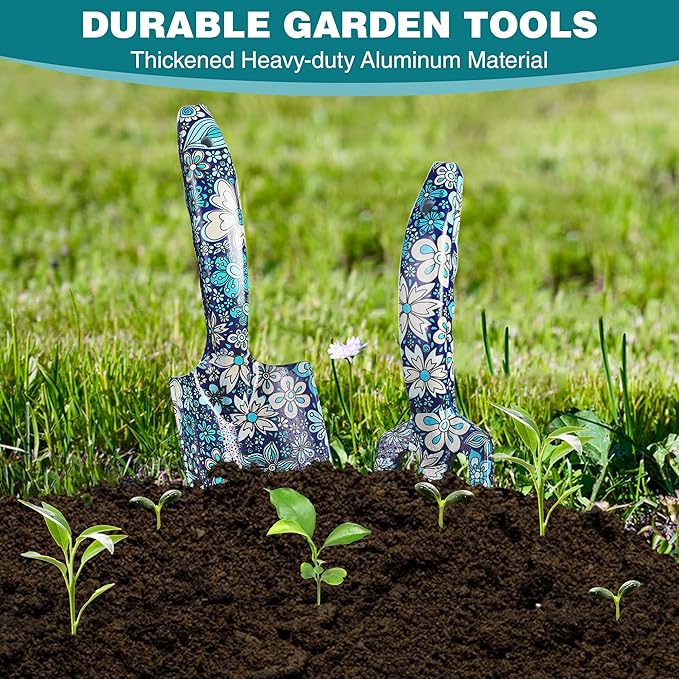 WORKPRO Aluminum Garden Tool Set, 4PCS Heavy Duty Hand Garden Tools with Box Include Trowel, Rake, Pruner, Garden Gloves, Blue Floral, Garden Gifts