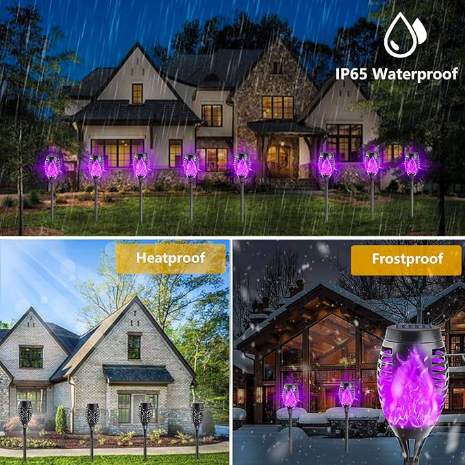 12-Pack Solar Lights Outdoor Waterproof,Halloween Decorations Solar Tiki Torches with Flickering Flame (Upgraded Super Bright),Halloween Solar Lights for Outside Patio Yard Porch Garden Decor （Purple）