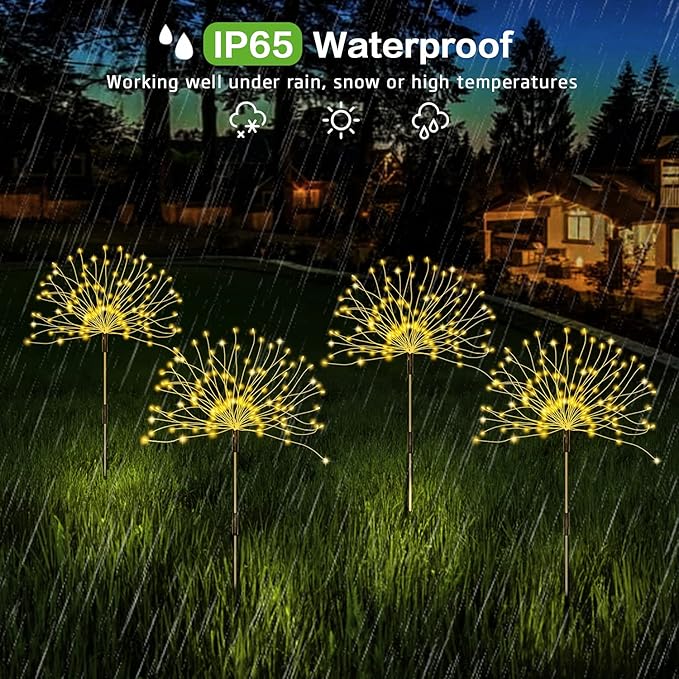 Solar Outdoor Warm White Garden Lights, 4 Pack Firework With 120 LED Starburst String 8 Modes Fairy With Remote, for Wedding Christmas, Lawn Backyard Party Patio Decoration