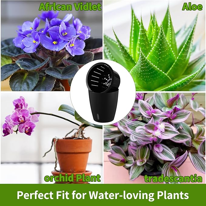 Planterhoma 6.7 Inch Self Watering Pots for Indoor Plants, 6 Packs African Violet Pots with Water Indicator and Black Wick Pots, Self Watering Planters for Devil's Ivy, Indoor Plant Pots, Black