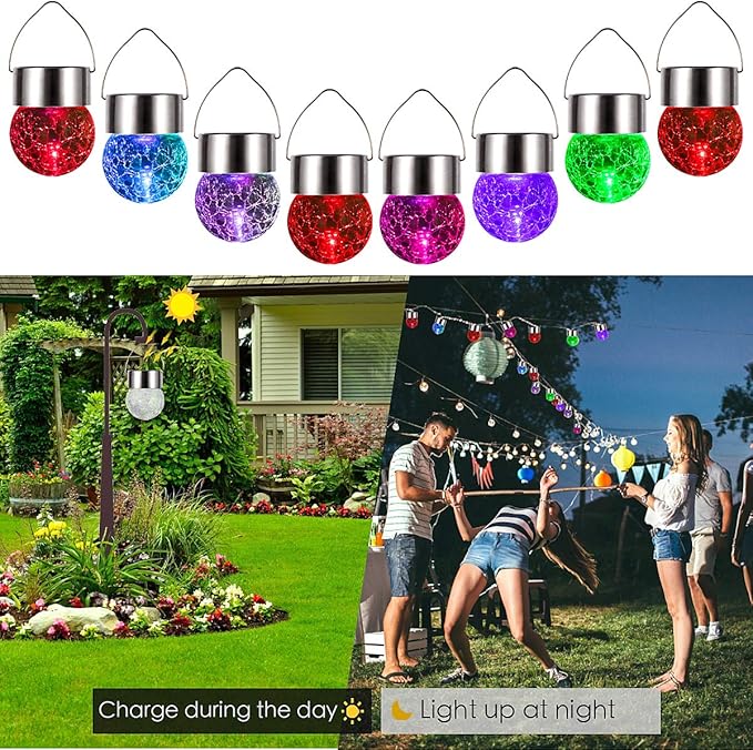 SUNWIND Hanging Solar Ball Lights Outdoor - 8 Pack Auto Color Changing Cracked Glass Decorative Garden Lights Hanging Solar Lanterns for Yard, Patio, Fence, Tree, or Holiday Decoration(Multi-Color)