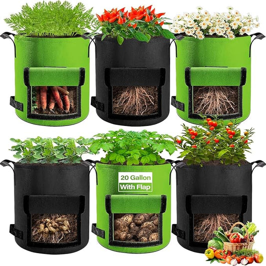 6 Pack Potato Grow Bags 20 Gallon with Flap, Grow Bags for Growing Potatoes, Durable Fabric Garden Planter Pots with Harvest Window for Vegetable & Fruits, Black & Green