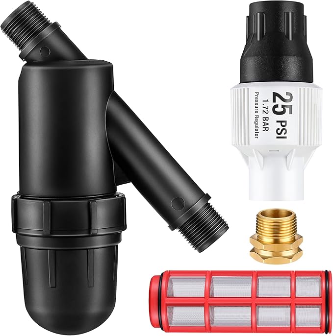Drip Irrigation Pressure Regulator and Filter, 25 PSI Water Backflow Preventer for 3/4'' Garden/Faucet Hose Thread and Drip Irrigation Inline Y Filter, 3/4" x 3/4" FHT Hose Thread Connections