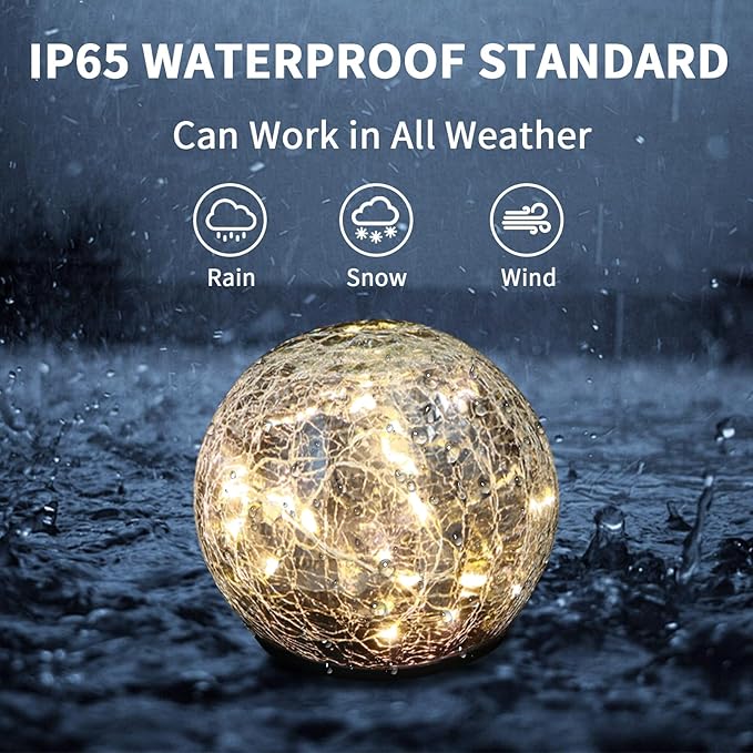 Garden Decoration, Cracked Glass Solar Globe Lights for Yard Pathway Patio Halloween Christmas Outside Decor,Warm White 2 Pack 50 LED(4.7”)