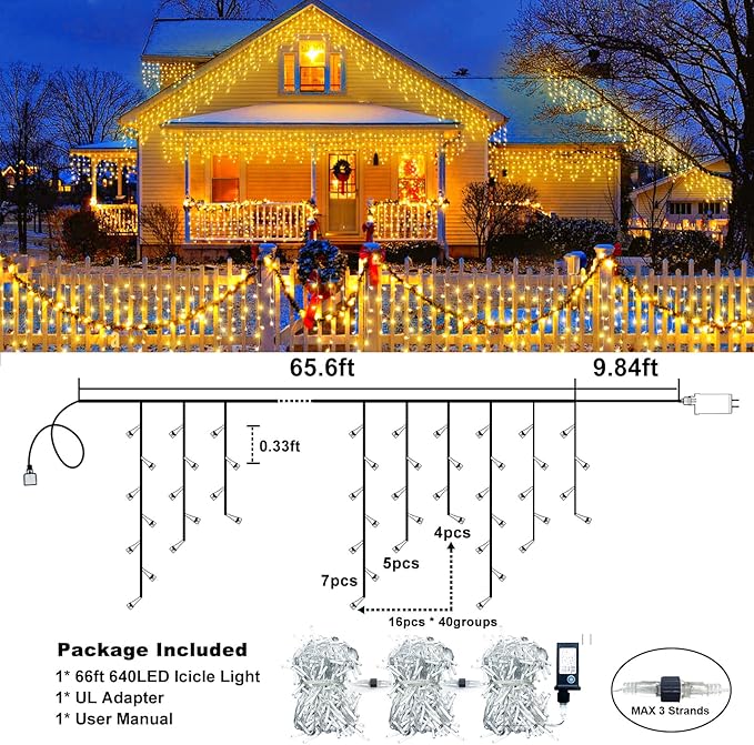 Christmas Icicle Lights Outdoor, 640 LED 66FT Icicle Lights for Outside with 8 Modes Timers, Waterproof Plug in Connectable Christmas Light for House Yard Patio Eave Wedding Decorations, Warm White
