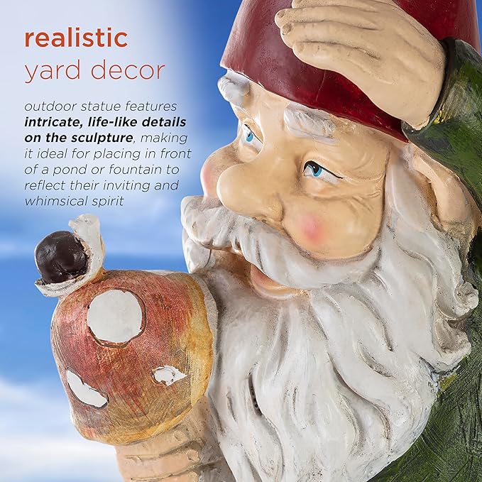 Alpine Corporation 12" Tall Outdoor Garden Gnome with Mushroom Yard Statue Decoration