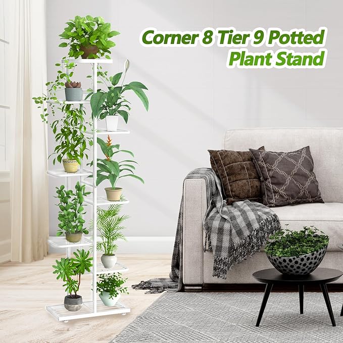 Corner Plant Stand Indoor 8 Tier 9 Potted with Gardening Tools and Gloves, Upgraded Tall Metal Plant Shelf Organizer Outdoor, Multiple Flower Pot Holder Display Rack for Patio, (8 Tier-White)