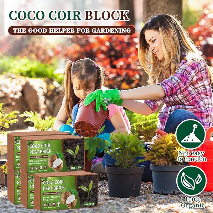 Coco Coir Bricks Potting Soil, 5 Pcs Natural Organic Compressed Coconut Fiber Soil Alternative to Peat Moss for Indoor Outdoor Plants Gardening Flowers Vegetables and Herbs