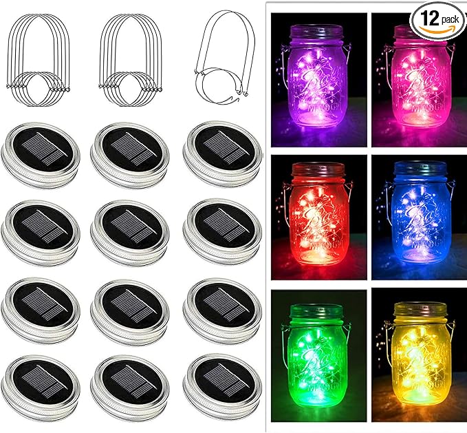 ZNYCYE Upgraded Solar Mason Jar Lights, 12 Pack 30 Led String Fairy Star Firefly Jar Lids Lights, Jars Not Included, Best for Mason Jar Decor,Great Outdoor Lawn Decor for Patio Garden, Yard (6 Colors)