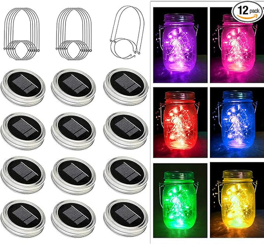 ZNYCYE Upgraded Solar Mason Jar Lights, 12 Pack 30 Led String Fairy Star Firefly Jar Lids Lights, Jars Not Included, Best for Mason Jar Decor,Great Outdoor Lawn Decor for Patio Garden, Yard (6 Colors)
