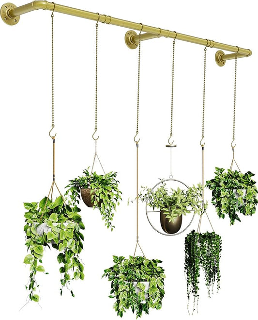 Plant Hanger Indoor, Hanging Planters for Indoor Plants with 6 Hanging Chains, Wall Plant Hanging Rod for Window Ceiling, 65 Inch, Metal/Golden…