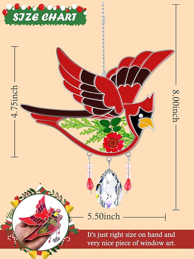 KY&BOSAM Cardinal Suncatcher Crystal Had Painted Glass Sun catchers Hangings for Windows Ornament with Pressed Real Flower and Heart Charm Birthday Gifts for Women Mom Mother's Day Christmas Mom Gifts
