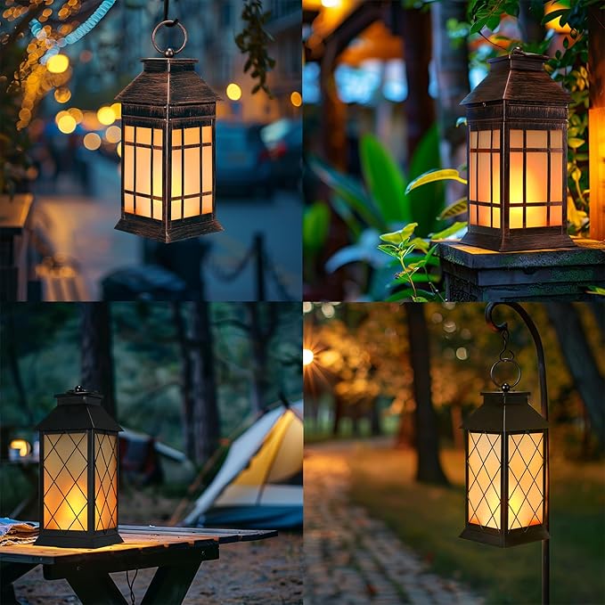 18" Solar Lanterns Outdoor Waterproof, Glass Solar Flickering Flame Lantern Large Hanging Solar Lantern Metal Decorative for Patio Garden Backyard Outside Tabletop (Vintage Black)