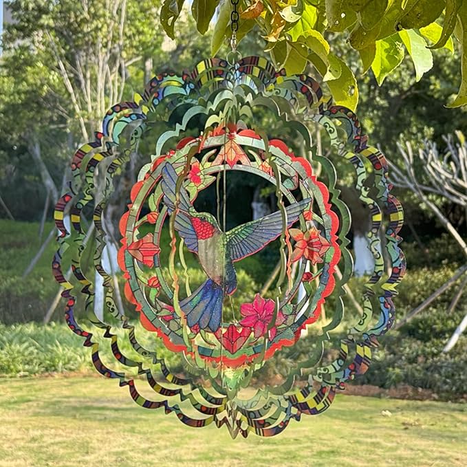 Metal Wind Spinners - Hummingbird 12 inch 3D Stainless Steel Hanging Wind Spinner Metal, Gifts for Women Mom Grandma Wife, for Indoor/Outdoor Decor, Yard Art, Garden Decoration