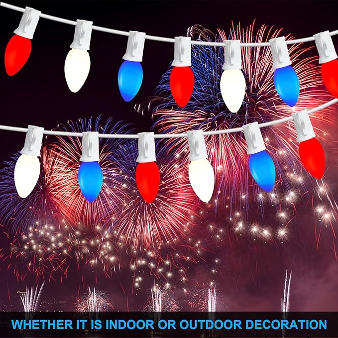 22.8 FT C7 LED 4th of July Decorations Lights with 20+3 Red White and Blue Lights Bulbs, Waterproof Outdoor String Light for Memorial Day Independence Day Patio Garden Bistro Patriotic Decor